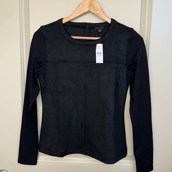 NWT Ann Taylor Faux Suede Mixed Media Long Sleeve Black Top Size XXS - Picture 4 of 10